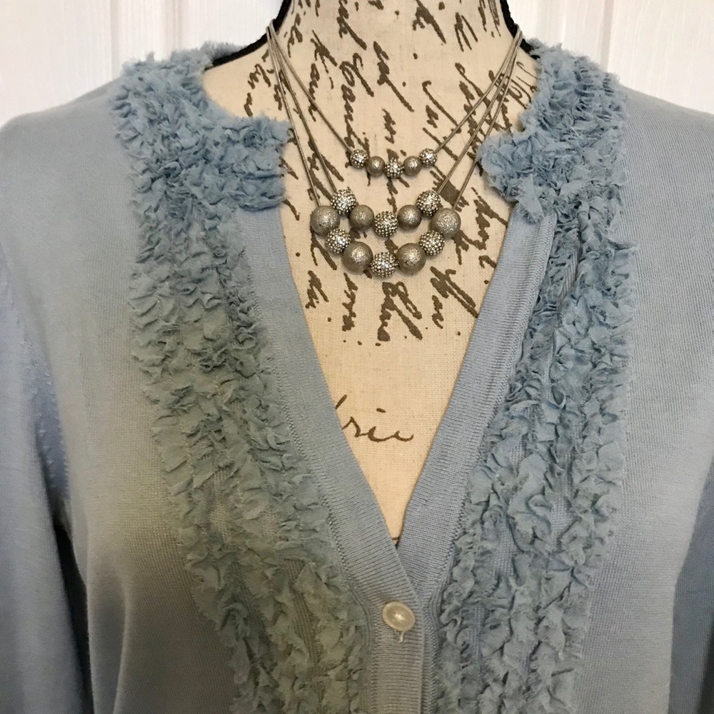 Talbots Silk Ruffle Blue Button Front Cardigan - Picture 5 of 6